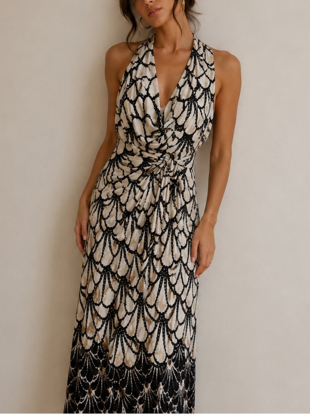 Roberto Cavalli Black and White Knot-Front Midi Dress
